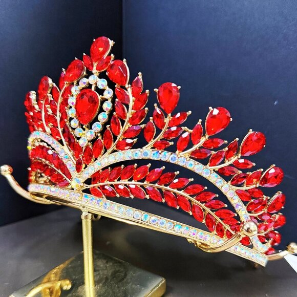 Red Ruby Crystal Crown, Quinceanera Crown, Gold Wedding Tiara, Princess Tiara main image 6